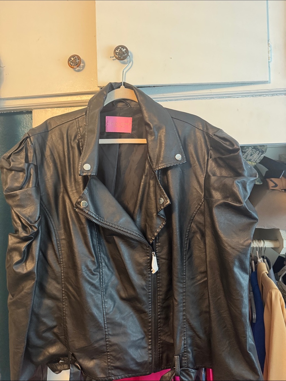 Black Faux Leather Puff-Sleeve Moto Jacket